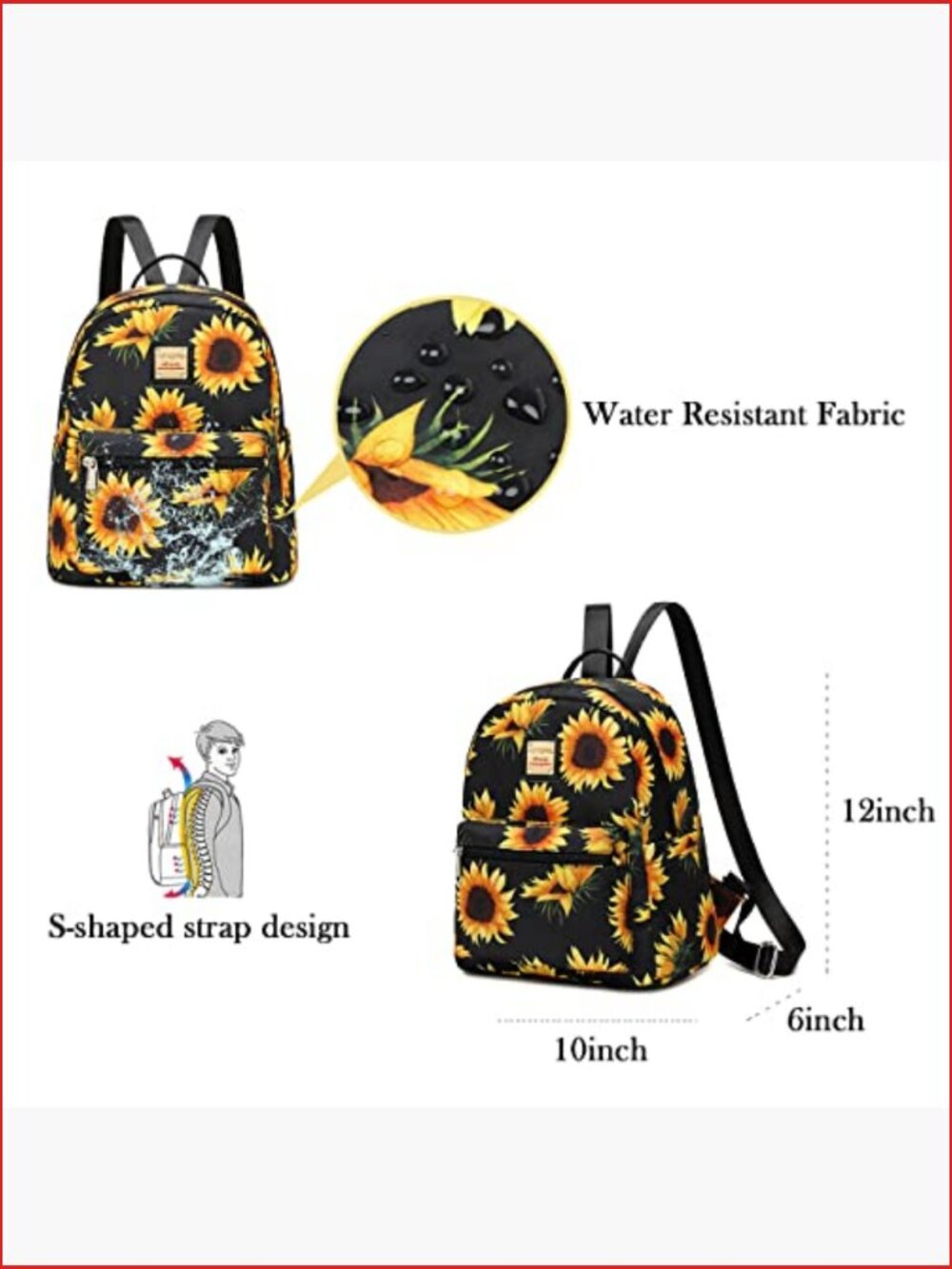 Mini Backpack Purse for Women with Water Bottle Pockets, Sunflower Print - Picture 3 of 6